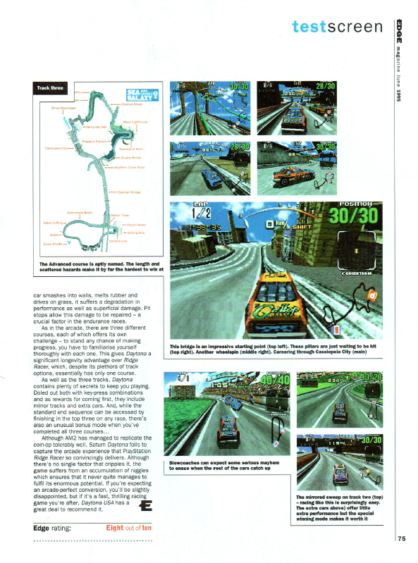 "...Saturn Daytona fails to capture the arcade experience that PlayStation Ridge Racer so convincingly delivers." Jason Brookes, "testscreen," Edge, June 1995, 75.